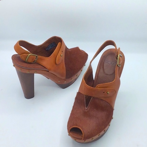 UGG Nicco Auburn Clog Calf Hair Platform Peep Toe Slingback Shoe Size 6.5 - Picture 9 of 13